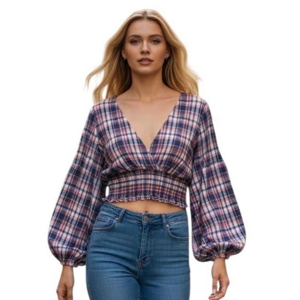 Zara Plaid Plunging V-neck Women's size Medium Textured Smocked Indie Sleaze Top